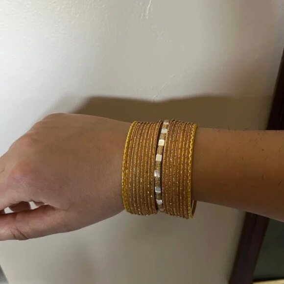 Gold and Yellow glitter Mirror Work Bangles Festive Indian Jewelry haldi - Picture 5 of 16